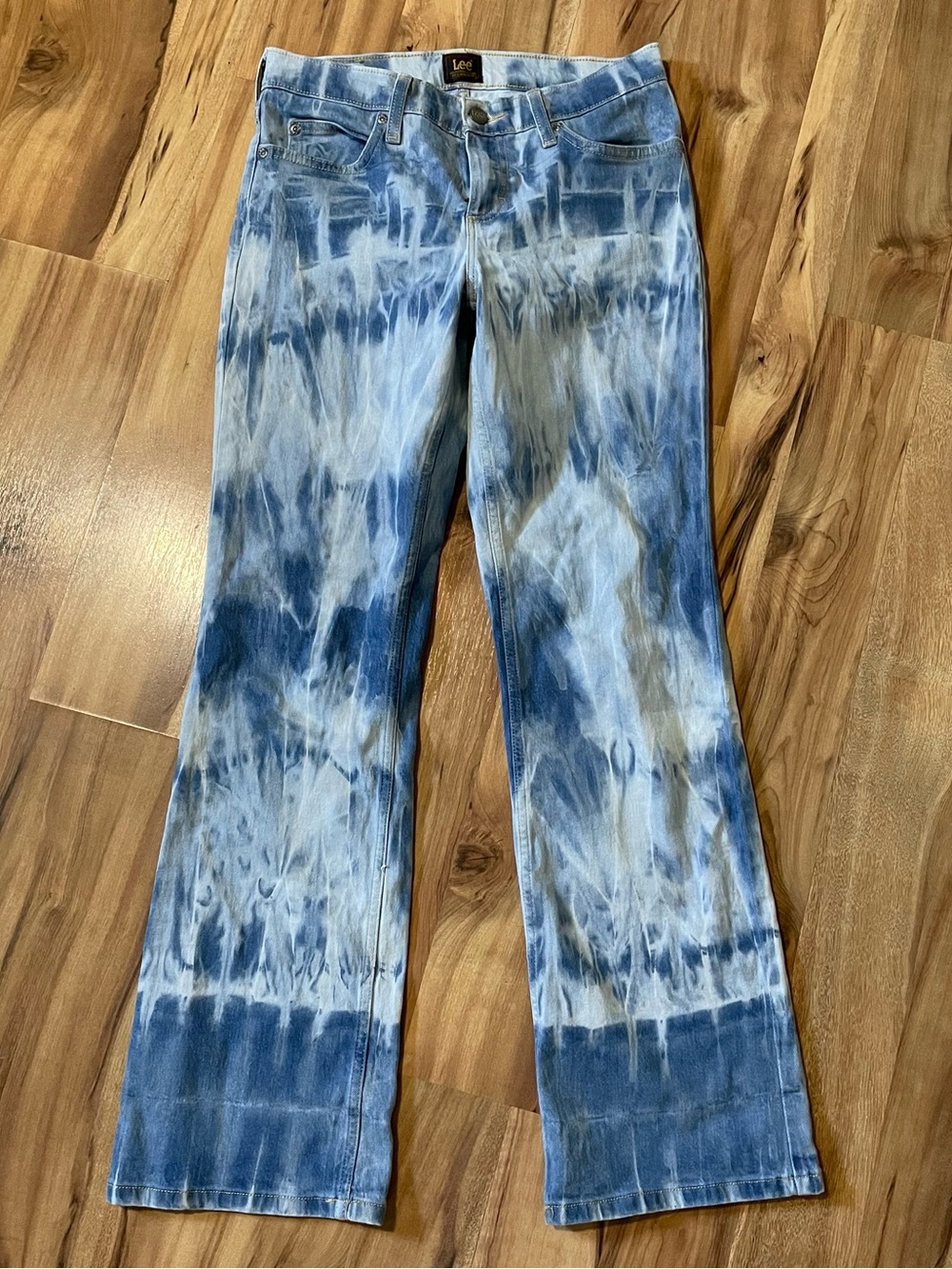 Y2K Lee Tie Dye Bootcut Jeans - Reworked Cloud Wash Denim - Boho Festival Style